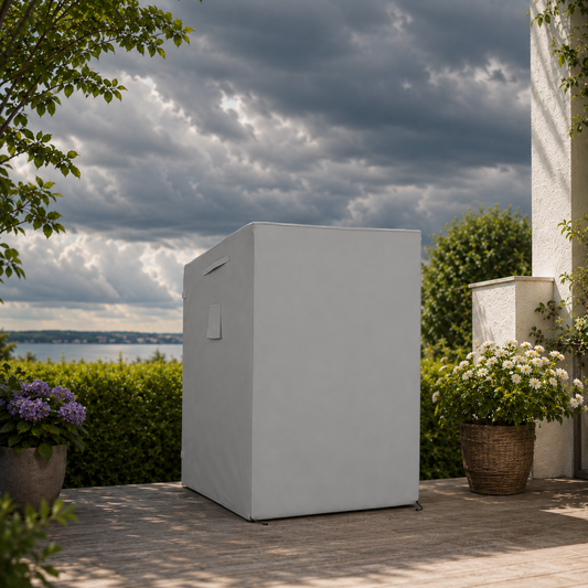 Strandkorb mit Schutzhülle in sommerlichem Garten bei wechselhaftem Wetter als Symbol für Schutz vor Sommerregen, UV und Staub